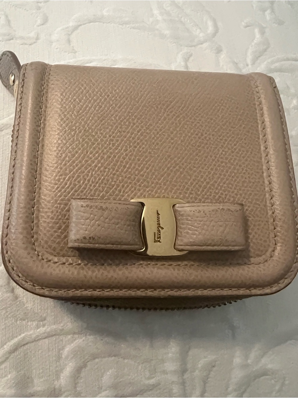 Salvatore Ferragamo Blush Leather Bow Zip Wallet- See callouts in photos